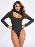 Body Femme Moulante Sexy à Col Montant avec Manches Longues Ouvert Sur Devant Unicolore
