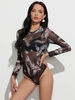 Body Femme Noir Manches Longues Col Bijou Sexy Polyester Imprimé One Piece Outfit