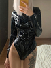 Body femme noir manches longues col haut sexy en cuir Synthétique haut pour les femmes