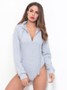 Body manches longues gris clair à capuche découpé cordon de serrage stretch sexy haut en polyester pour les femmes