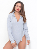 Body manches longues gris clair à capuche découpé cordon de serrage stretch sexy haut en polyester pour les femmes