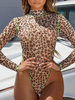 Body manches longues léopard passepoil extensible col haut décontracté polyester femmes haut