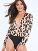 Body manches longues motif léopard col en V dentelle découpée stretch sexy polyester femmes haut