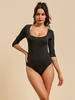 Body noir manches 3/4 passepoil extensible col carré décontracté Polyester femmes Top