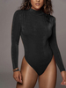 Body Noir Manches Longues Col Haut Tuyauterie Stretch Casual Top Femme