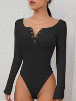 Body noir manches longues encolure crantée boutons passepoil stretch haut en coton sexy pour les femmes