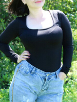 Body noir manches longues passepoil extensible col carré haut en coton sexy pour les femmes