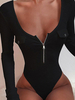 Body Noir Manches Longues Passepoil Zipper Stretch Jewel Neck Casual Polyester Femmes Top