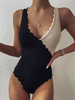 Body noir sans manches à col en V et passepoil en polyester décontracté bicolore extensible pour femme