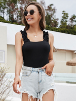 Body sans manches col carré plissé volants stretch décontracté polyester femmes haut noir