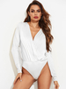 Body Sexy Femme à Col Décolleté en V avec Manches Longues Coupe Cintrée Unicolore Body Haut Sexy