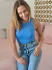 Body Teal Sans Manches Passepoil Stretch Jewel Neck Sexy Polyester Femmes Top
