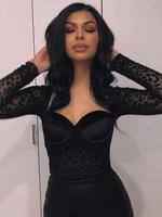 Body Top Femmes Dentelles à Col Montant Imprimé avec Pois Manches Longues Transparent Sexy Body Top Femmes