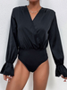 Body Top Sexy Femme à Col V avec Manches Longues Amples en Mousseline Unicolore