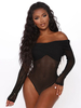 Bodys Moulants Transparents Sexy Femmes Imprimés Rayures avec Manches Longues Epaulés Dénudées Coupe Cintrée Unicolore Sexy