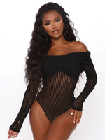 Bodys Moulants Transparents Sexy Femmes Imprimés Rayures avec Manches Longues Epaulés Dénudées Coupe Cintrée Unicolore Sexy