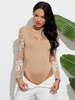 Bodys Sexy Femmes en Dentelles à Col Décolleté en V avec Manches Longues Creusantes Moulants Bicolores