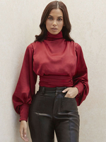 Bodys Tops Femmes avec Manches Longues Amples à Col Montant Taille Haute Unicolore sexy