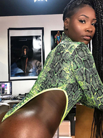 Bodysuit Combinaison Sexy Moulant Femme Imprimé Serpentine à Col Montant avec Manches Longues Bicolores Body Sexy