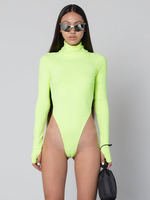 Bodysuit Moulant Combinaison Femme à Col Montant avec Manches Longues Coupe Cintrée Unicolore Body Sexy Eté