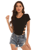 Bodysuit Sexy Combinaison Femme Eté à Col Rond avec Manches Courtes Coupe Cintrée à Lacets Unicolore Body Sexy Eté