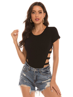 Bodysuit Sexy Combinaison Femme Eté à Col Rond avec Manches Courtes Coupe Cintrée à Lacets Unicolore Body Sexy Eté