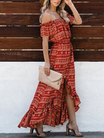 Boho Dress Off The Shoulder manches courtes imprimé volants robe dété