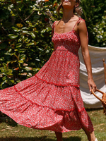Boho Maxi Dresses Robe de plage pour femmes imprimée de fleurs rouges