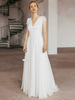Boho Robe de Mariée Mousseline de Soie Dentelle A-ligne avec Train Taille Naturelle Dos Nu Manches Courtes Col en V Ivoire