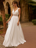 Boho Robe de Mariée Mousseline de Soie Dentelle A-ligne avec Train Taille Naturelle Fermeture Éclair Sans Manches Col en V Ivoire