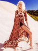 Boho Robe De Soirée Robe Champêtre 2021 Col En V Imprimé Manches Trois-Quarts Robe Été Split