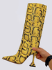 Bottes à talons hauts pour femmes motif serpent jaune bout pointu talon mi-mollet