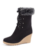 Bottes au Cheville Noir Suédé Bout Rond Fourrure Détail à Lacet Bottes d\