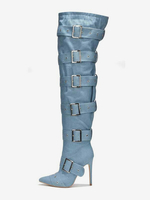 Bottes au-dessus du genou Bottes au-dessus du genou bleu ciel clair pour femmes en polyester avec boucle et talon aiguille