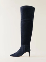 Bottes au-dessus du genou en daim bleu foncé Bottes à talons hauts et bout pointu