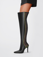 Bottes au-dessus du genou en patchwork noir bout pointu talon haut cuissardes