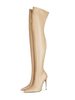 Bottes au-dessus du genou pour femmes; talon aiguille; bout pointu; cuir PU; abricot; cuissardes