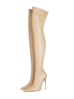 Bottes au-dessus du genou pour femmes; talon aiguille; bout pointu; cuir PU; abricot; cuissardes