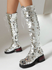 Bottes au genou argentées à plateforme pailletée et à lacets à talon aiguille