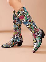 Bottes au Genou Cuissardes Colorées Hautes Femme en Cuir Synthétique avec Bout Pointu à Style de Cow-Boy Cuissardes Bottes Femme