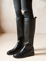 Bottes au genou en cuir de vachette Chaussures noir à bout rond pour femmes