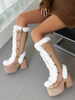Bottes Au Genou Kaki À Talons Épais Chaussures Compensées Fausse Fourrure Femmes
