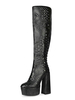 Bottes au genou noires bout rond talon épais en cuir de serpent bottes au genou