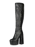 Bottes au genou noires bout rond talon épais en cuir de serpent bottes au genou