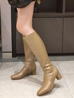 Bottes au Genou Plates Femmes à Bout Carré à Cuir Synthétique Unicolore Vernis Hiver Bottes Femmes