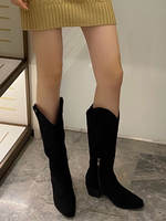 Bottes au Genou Plates Femmes à Bout Pointu à Cuir Synthétique en Croûte Unicolore Hiver Bottes Femmes