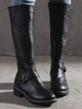 Bottes au Genou Plates Femmes Hivers Unicolore à Cuir Synthétique avec Bout Rond Décors avec Boucles