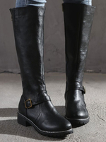 Bottes au Genou Plates Femmes Hivers Unicolore à Cuir Synthétique avec Bout Rond Décors avec Boucles