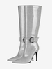 Bottes au genou pour femmes à talons hauts et bout pointu argentés avec boucle
