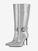 Bottes au genou pour femmes à talons hauts et bout pointu argentés avec boucle